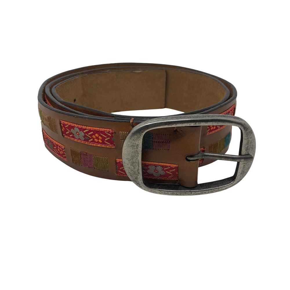 J.Jill Belt Womens Medium Brown Boho Embroidered Leather Floral Ribbon Silver
